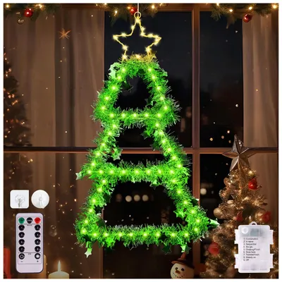 Produktbild von Weihnachtsfensterlichter, Weihnachtsbaum Fensterlichter Batteriebetrieben, 8 Modi Weihnachtsbeleuchtung Innen Außen mit Timer, Fernbedienung Fenster Hängende Weihnachtslichter für Fenster Wand