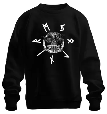 Obrázok produktu pre Viking Thorhammer Mjölnir Odin Raven Norse Runes Mythology Uni mikina, čierna, XXL