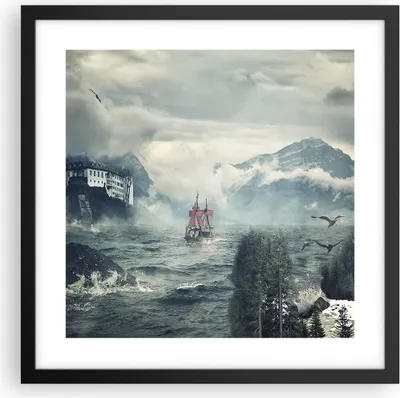 Produktbild von Gerahmtes Poster - Schwarzer Rahmen - Sturm Berge Segelschiff - 40x40 cm - Wand Bild - Wanddeko - Wandbilder - Wandposter - Bilderrahmen - Bilder - Kunstdruck - Wandbild - P2BAC40x40-4208