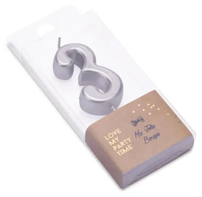Produktbild von Silberne Zahlenkerze 3 - Metallic-Geburtstagskerze 4,3 cm mit Halter -