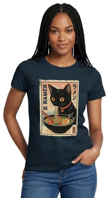 Produktbild von Spreadshirt Ramen Katze | Schwarze Katze Mit Nudelsuppe Frauen T-Shirt, M, Navy