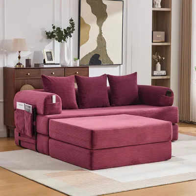 Immagine prodotto di MODFU Divano modulare a 3 posti con tasca laterale e 3 comodi cuscini Divano letto Divano da salotto con poggiapiedi Divano lounge Divano da salotto con robusta struttura in metallo Colore rosso vino