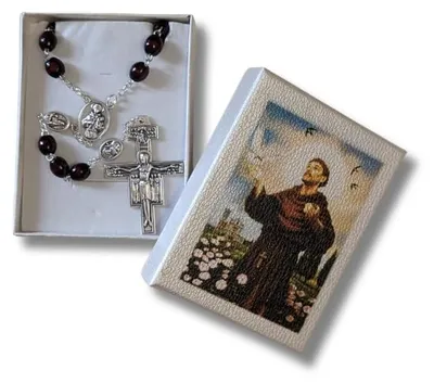 Holz-Rosenkranz Hl. Franziskus, 50 cm, mit San-Damian-Kreuz