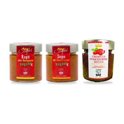Produktbild von TubeORIGINAL Geschenkset „Vegan Italiano“ – Vegane Bolognese 200 g, Vegane Amatriciana 200 g, Tomatencreme 200 g