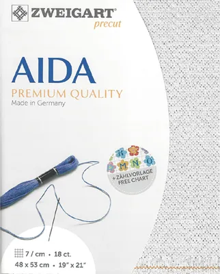 Zdjęcie produktu dla Tkanina do haftu krzyżykowego Aida Zweigart, wstępnie wycięta, 18 oczek na cal, kolor 17, biały z srebrnymi nitkami Polyester, wymiary 48x53 cm