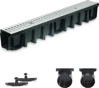 Produktbild von 1m Entwässerungsrinne Terrassenrinne Stahlrost verzinkt komplett SET, System A15 148mm, inkl. Zubehör