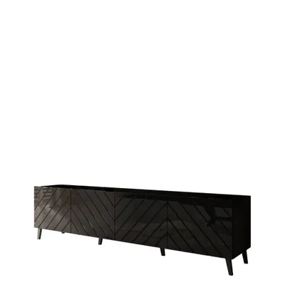 A black TV stand with a chevron pattern on its doors, shown against a white background.