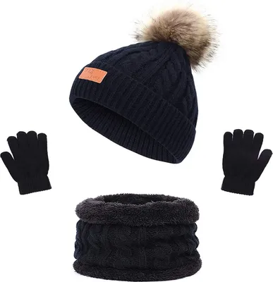 Produktbild von ASKSA Kinder Wintermütze Schal Handschuhe Mädchen Set Strickmütze Babymütze für Kinder 1-4 Jahre, Schwarz