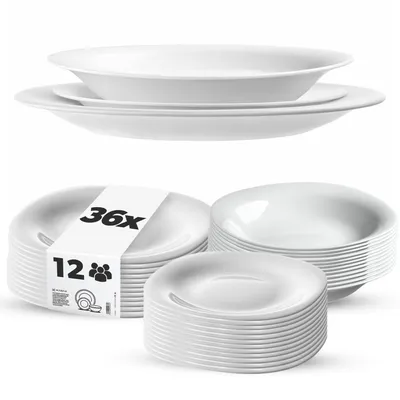 Produktbild von KADAX Geschirrset für 12 Personen, 36-tlg, Tafelservice mit Suppenteller, Dessertteller und Speiseteller, Essgeschirr, Geschirr Set, Tellerset (Weiß XL)
