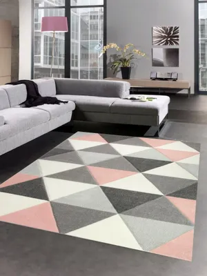 Produktbild von Teppich Wohnzimmerteppich Dreieck rosa grau creme Größe - 160x230 cm