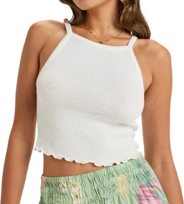 Produktbild von Roxy As I Am Tank-Top für Damen, kurze Passform, Camp-Ausschnitt, Schneeweiß, Größe S