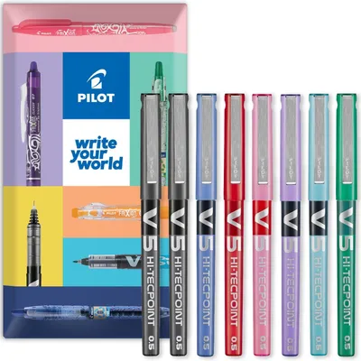 Productafbeelding van Pilot V5 Hi-Tecpoint Rollerball pen - Set van 8 - Fijne 0,5 mm penpunt - Zwart - Blauw - Lichtblauw - Groen - Violet