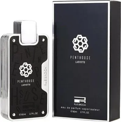 A perfume bottle and its packaging are displayed against a white background.