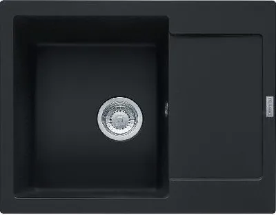 A top-down view of a black kitchen sink with a drainer on the right.