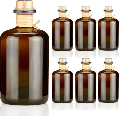 Produktbild von Apothekerflasche braun 500ml mit Korken, Flaschenkapseln & Bastband, 6 Braunglas Flaschen 0,5L leer Siegel transparent
