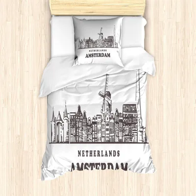 Produktbild von ABAKUHAUS Amsterdam Bettbezug Set, Niederlande Kalligraphie und Horizontal-Stadt-Skyline auf einem einfachen Hintergrund, 135 x 200 cm + 80 x 80 cm, Dunkler Taupe Weiß