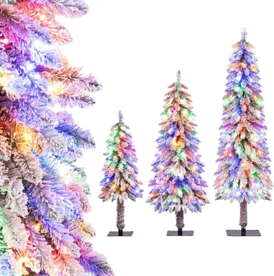 Produktbild von COSTWAY 3er Künstlicher Weihnachtsbaum 90+120+150cm, Christbaum mit Schnee, warmweißen LEDs & Metallständer, schmaler Tannenbaum Weihnachten Grün