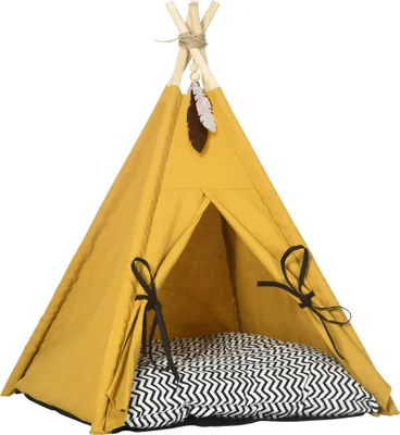 Produktbild von PawHut namiot tipi dla zwierząt, namiot dla kota ze zdejmowaną i zmywalną poduszką, domek dla kota z antypoślizgową podłogą, piłka do zabawy, dla kotów poniżej 5 kg, mini psów, 60 x 60 x 76 cm, żółty