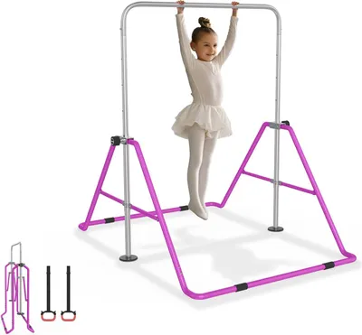 Produktbild von YARDIN Verstellbare Gymnastikstange für Kinder, Faltbare Turnreck Reckstange, Höhenverstellbar 91-133 cm, Maximale Belastung 140 lbs, Indoor Gymnastikbar für Kinder, Ideal für 3-8 Jahre – Lila