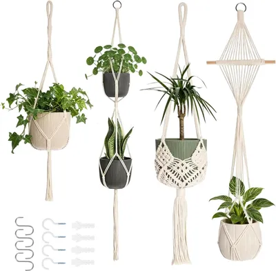 Imagen del producto de Juego de 4 macramé colgadores para plantas, ideales para interiores, decoración bohemia, con ganchos, cuerda de algodón, macetero colgante con borlas, maceta colgante para la habitación