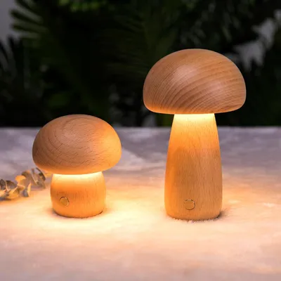 Produktbild von LED Nachttischlampe Nachtlicht Holz (2 Artikel, groß+klein), klein Pilze nachtlicht kinder USB Kabellos Baby Nachttisch Lampe, 3W Stufenlose Dimmerung