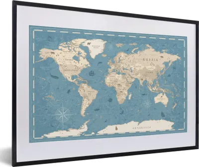 Produktbild von MuchoWow® MuchoWow® Gerahmtes Poster Weltkarte - Vintage - Blau 60x40 cm - Poster mit zchwarzem Bilderrahmen - Schlafzimmer - Plakat in Rahmen - Drucken