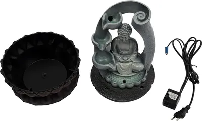Produktbild von Buddha Tischbrunnen aus Harz - Indoor Wasserfall - LED Beleuchtung - Elektrisch mit EU Stecker - IPX8 - 21x28 cm - Grau