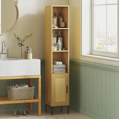 Imagen del producto de Mueble de baño Moonbite, 30 x 30 x 164 cm, armario estrecho para baño con 3 compartimentos abiertos, estante ajustable, sistema de seguridad anticaídas, madera, madera natural