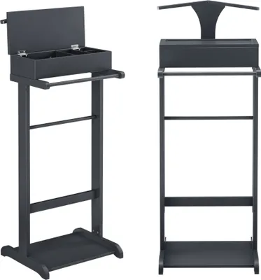 Two views of a gray valet stand against a white background.