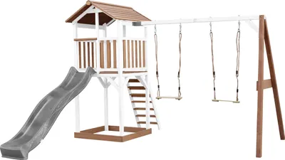 Immagine prodotto di AXI Beach Tower parco giochi di legno in marrone e bianco | Torre di gioco per bambini con sabbiera, doppia altalena e scivolo grigio | Casa per bambini su palafitte per il giardino