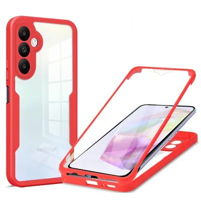 A red and clear phone case is shown, with a phone inside a separate red frame and screen protector.