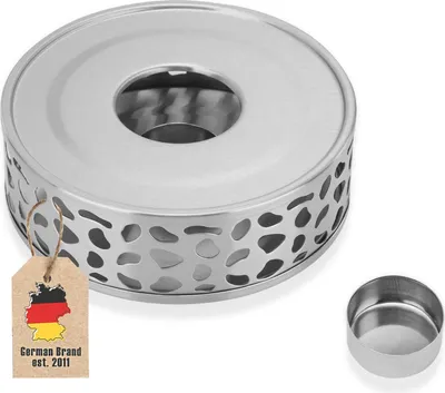 Produktbild von Intirilife Teekannen Wärmer in SILBER – Gemusterter Edelstahl Tee Stövchen für hitzebeständige Teekannen – Edelstahl Teewärmer für Kaffee, Tee uvm.
