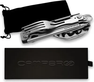 Produktbild von Faltbares Campingbesteck - Edelstahl - Campen - Reisen - 6-in-1 Werkzeug - e Tragetasche