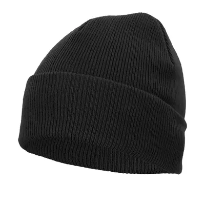 A black knitted beanie hat is shown against a white background.