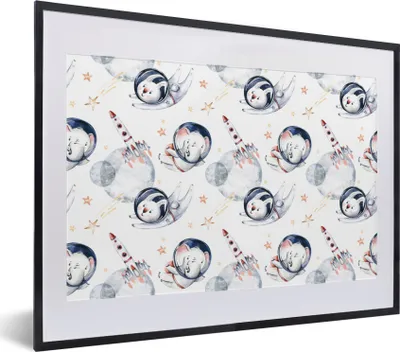 Produktbild von MuchoWow® Gerahmtes Poster Muster - Rakete - Tiere - Mädchen - Jungen - Kinder - Kinder 40x30 cm - Poster mit Schwarzem Bilderrahmen Wandposter Rahmen Foto Bilder - Bilderrahmen - Poster im Rahmen