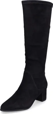 A black suede boot on a white background.