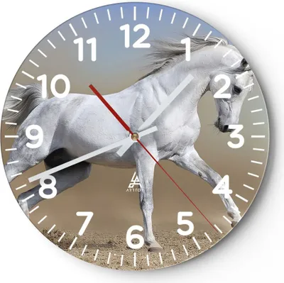 Produktbild von Wanduhr - Rund - Glasuhr - Pferd weiß Tier - 40x40cm - Schleichendes Uhrwerk - Lautlos - zum Aufhängen bereit - Dekoration Modern - Wanddekoration aus Glas - C4AR40x40-0167