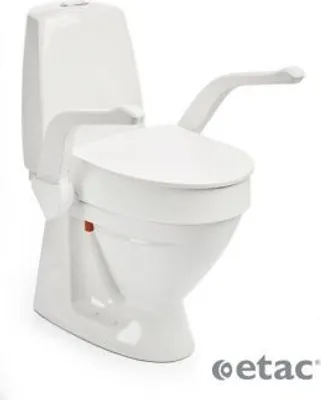 A white toilet seat riser with armrests, shown from a side-angle against a white background.