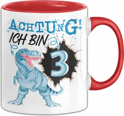 Produktbild von 3. Geburtstag Geschenk Tasse Becher Jungs Sohn T-Rex Geburtstagsgeschenk Dinosaurier Achtung Ich bin 3 (Rot)