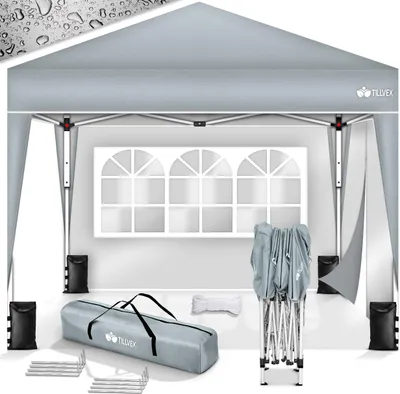 Produktbild von tillvex Pavillon 3x3m Grau wasserdicht mit 2 Seitenteilen + 4er Set Sandsäcke | Pop-Up Faltpavillon stabil & höhenverstellbar | Gartenzelt UV Schutz 50+ | Partyzelt mit Tasche für Garten
