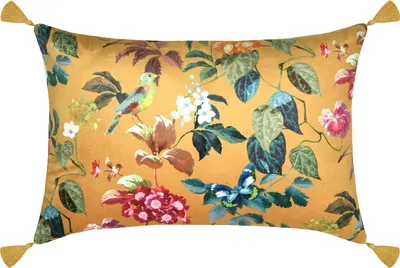 Produktbild von STOF | Kissen - 40 x 60 cm - senffarbe  - bunte Pflanzen - Vogelmotiv - mit Fransen