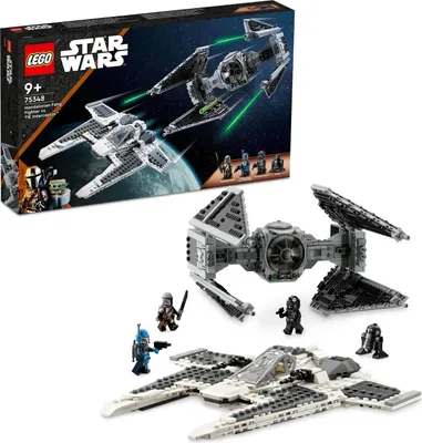 Image de LEGO 75348 Star Wars Fang Fighter Mandalorien vs. TIE Interceptor Set, jouet Starfighter à construire pour les enfants avec 3 minifigures, un droïde et une épée sombre