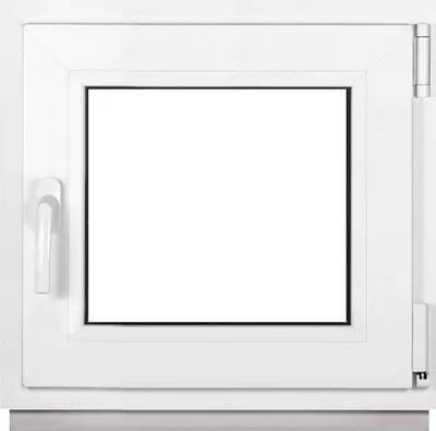 A white window frame with a clear glass pane, showing a handle on the left and hinges on the right.