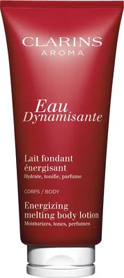 A product shot of a red tube of Clarins Eau Dynamisante Energizing Melting Body Lotion.