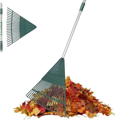 Immagine prodotto di Rastrello per foglie da giardino - Manico in acciaio leggero regolabile da 107 cm a 153 cm - Testa in plastica con 22 denti