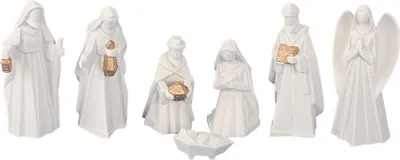 Produktbild von Krippenfiguren Set 7 teilig Weiss Gold Krippe  bis 13 cm Weihnachtsdeko