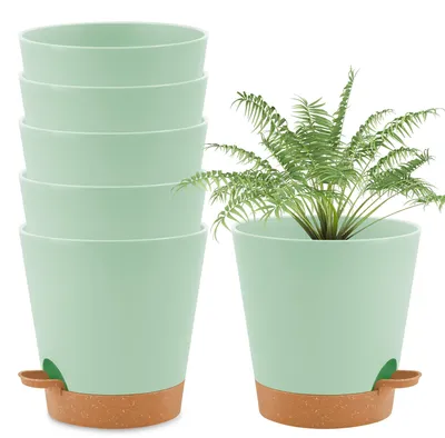 Imagen del producto de Omgoods - Juego de 6 macetas autoirrigables con plato, de 20 cm de diámetro, color verde