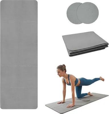 Produktbild von Faltbare Yogamatte aus TPE, 183 x 61 cm, grau, 5 mm dick, rutschfest, mit 2 Kniekissen, ideal für Pilates, Fitness und Reisen