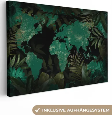 Obrázok produktu pre OneMillionCanvasses® - Výtlačky na plátne - 140x90 cm, Mapa sveta - Zelená - Listy, nástenná dekorácia