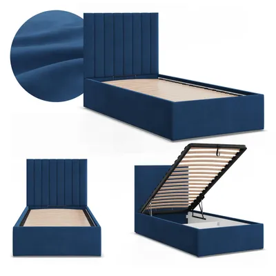 Produktbild von Polsterbett POLLA 90x200 Samt mit Bettkasten und hochklappbarem Metall-Lattenrost, Einzelbett mit Kopfteil Blau
